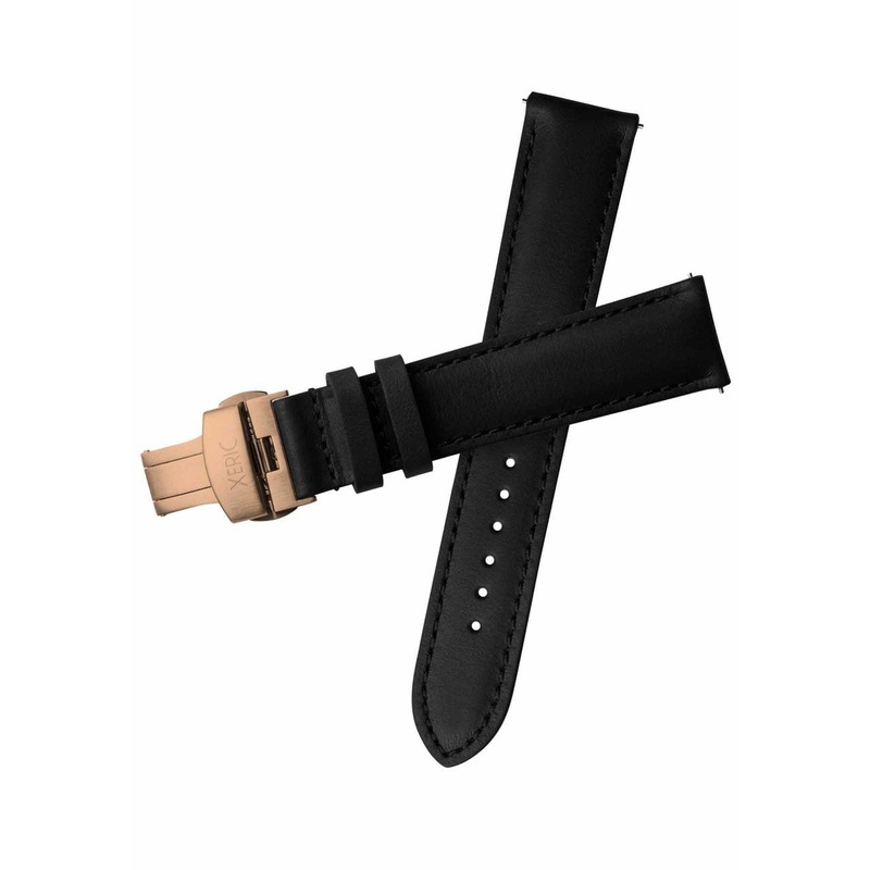 Xeric 20mm Horween Chromexcel Leather Black Strap Rose Gold Deployant Clasp