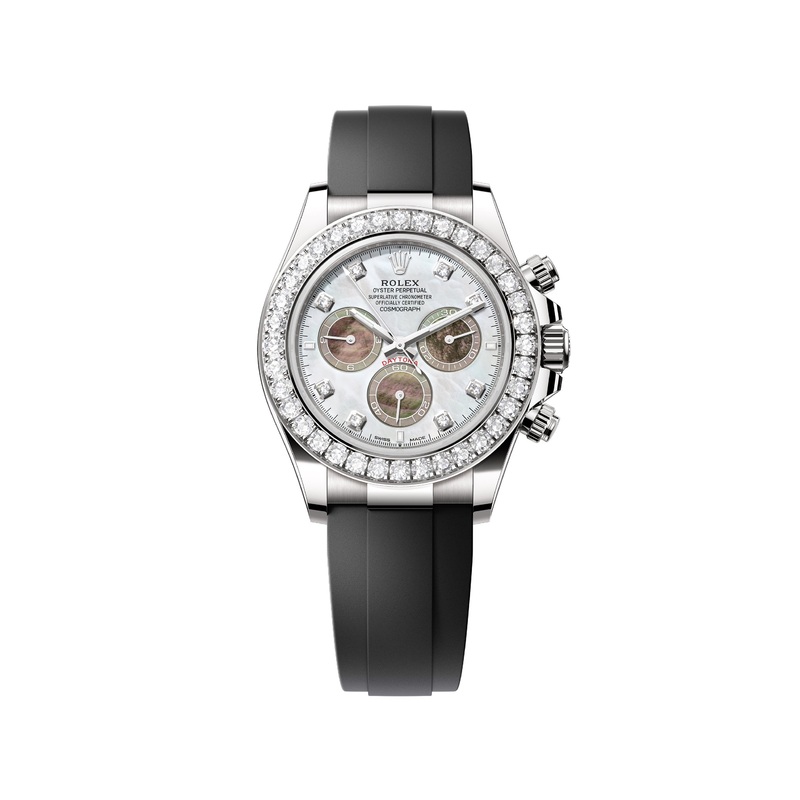 Cosmograph Daytona White Gold Oysterflex White & Black Mother of Pearl Diamond