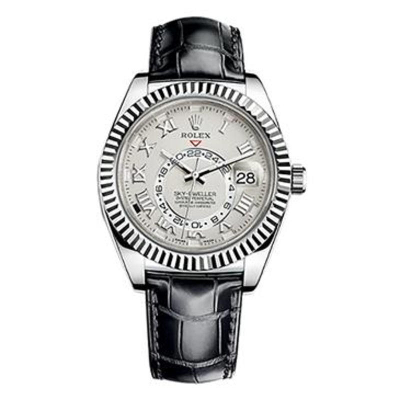 Sky-Dweller White Gold Black Leather Ivory Roman