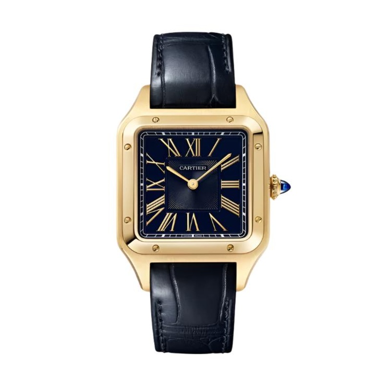 Santos-Dumont Large Yellow Gold Leather Strap Blue