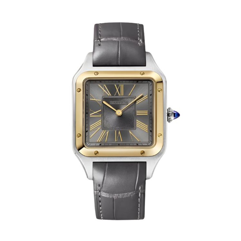 Santos-Dumont Large Yellow Gold Two-Tone Leather Strap Gray