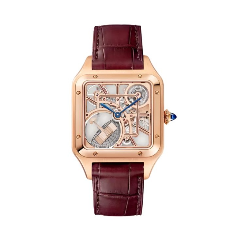 Santos-Dumont Skeleton Large Rose Gold Interchangeable Leather Strap Burgundy